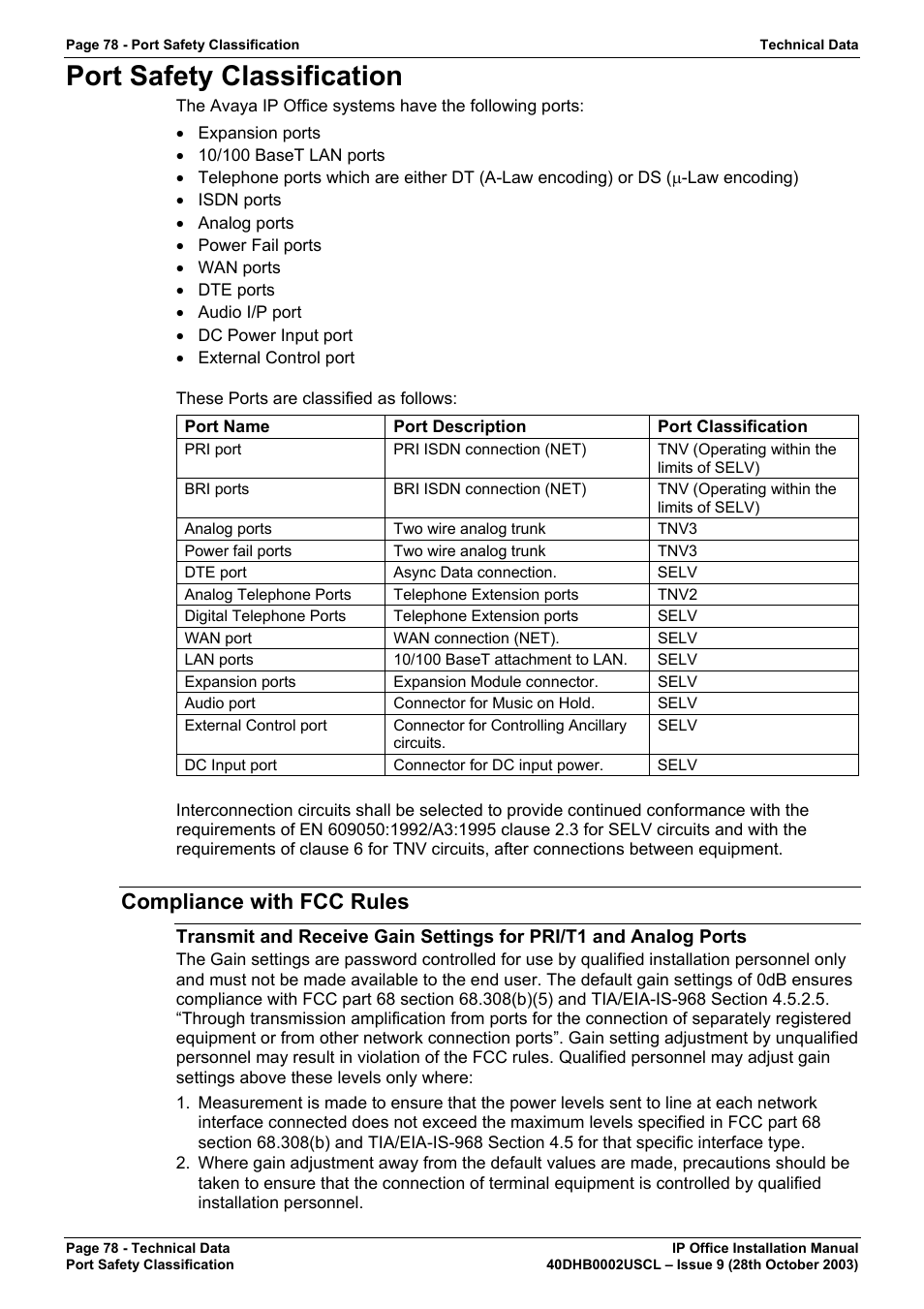 Port safety classification, Compliance with fcc rules | Avaya IP Office Phone User Manual | Page 78 / 86