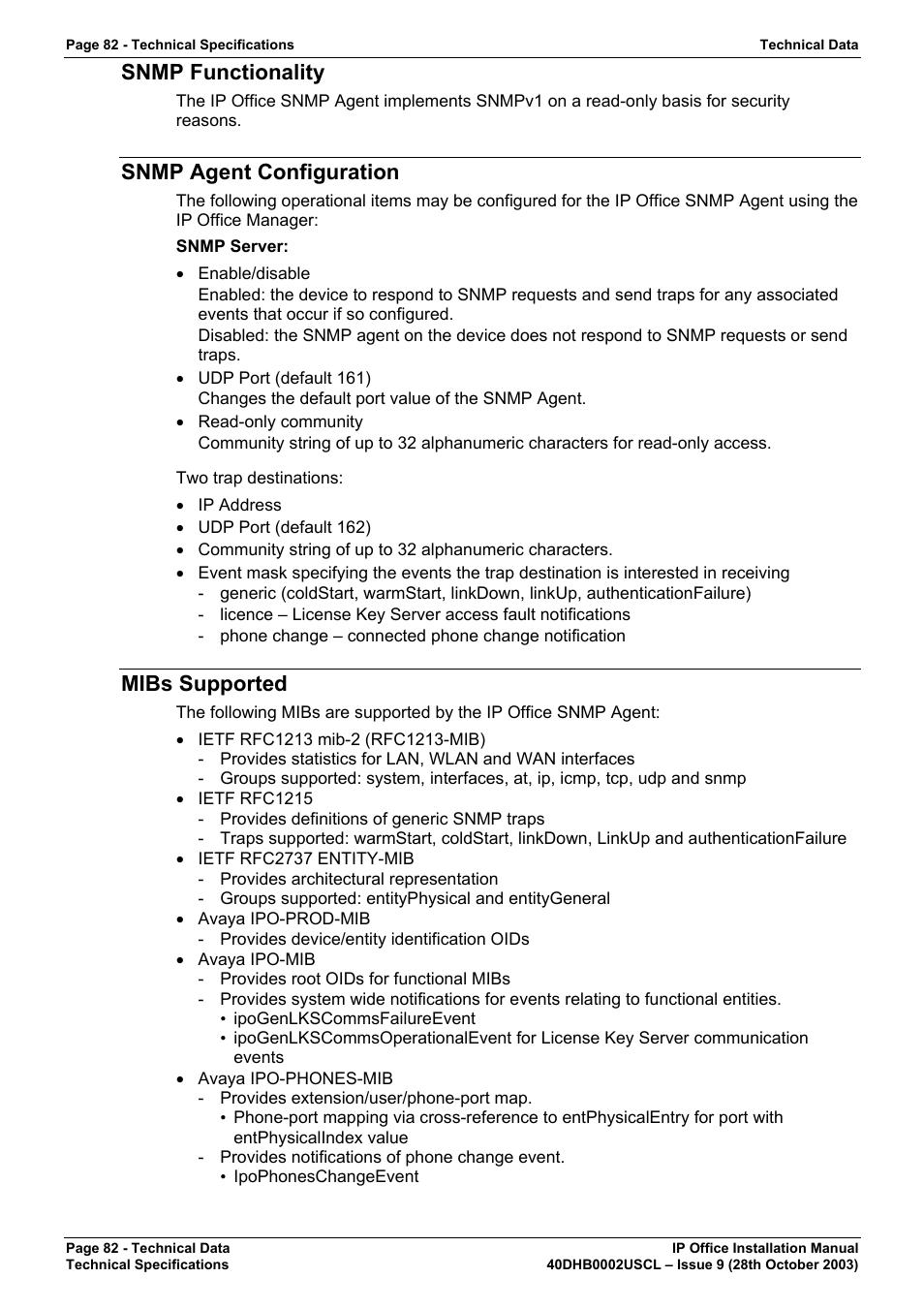 Snmp functionality, Snmp agent configuration, Mibs supported | Avaya IP Office Phone User Manual | Page 82 / 86