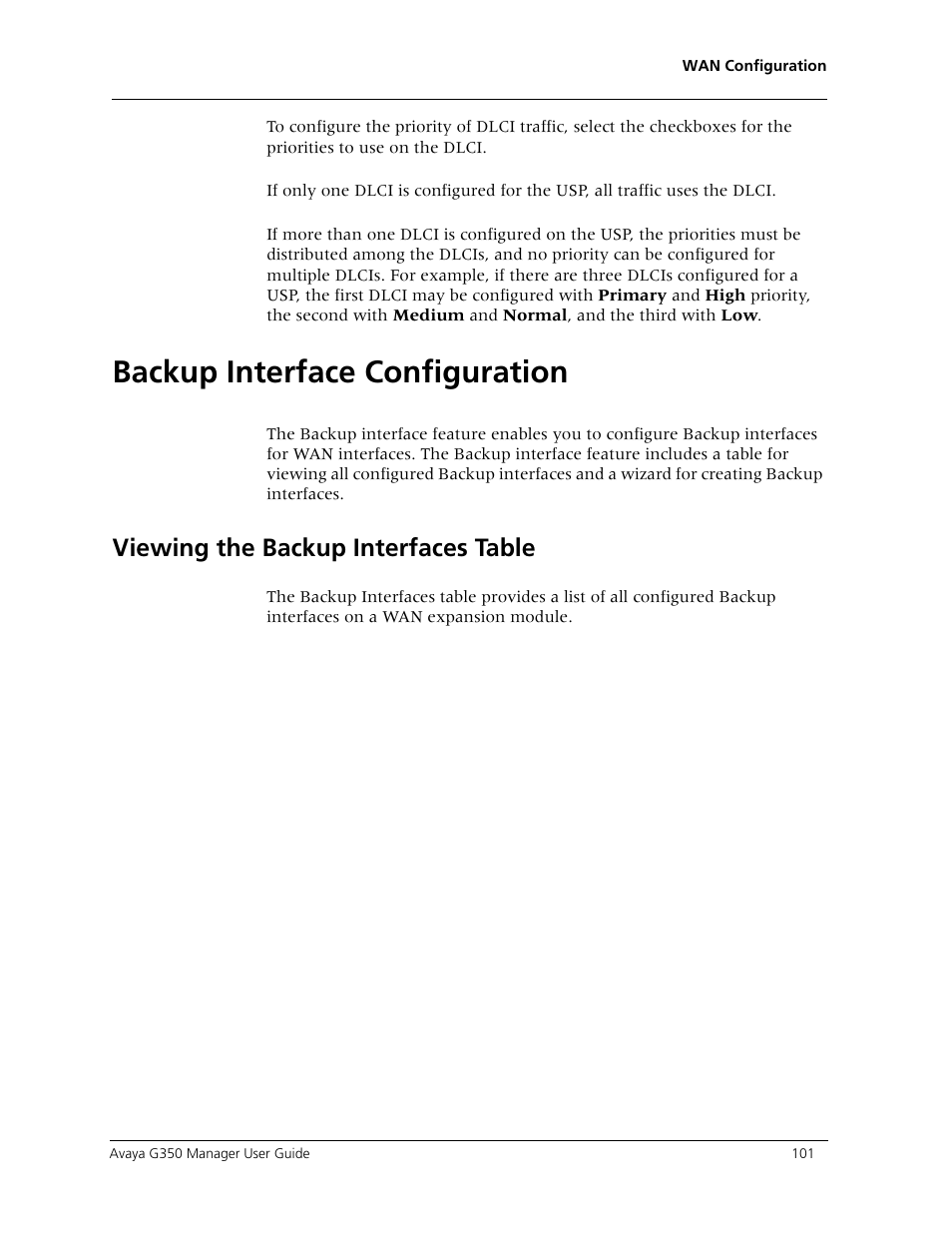 Backup interface configuration, Viewing the backup interfaces table | Avaya Media Gateway G350 User Manual | Page 111 / 219