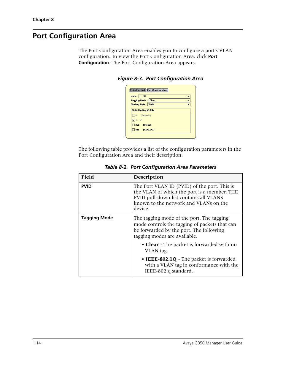 Port configuration area, Of tagging modes, refer to, Port configuration | R to, Port | Avaya Media Gateway G350 User Manual | Page 124 / 219