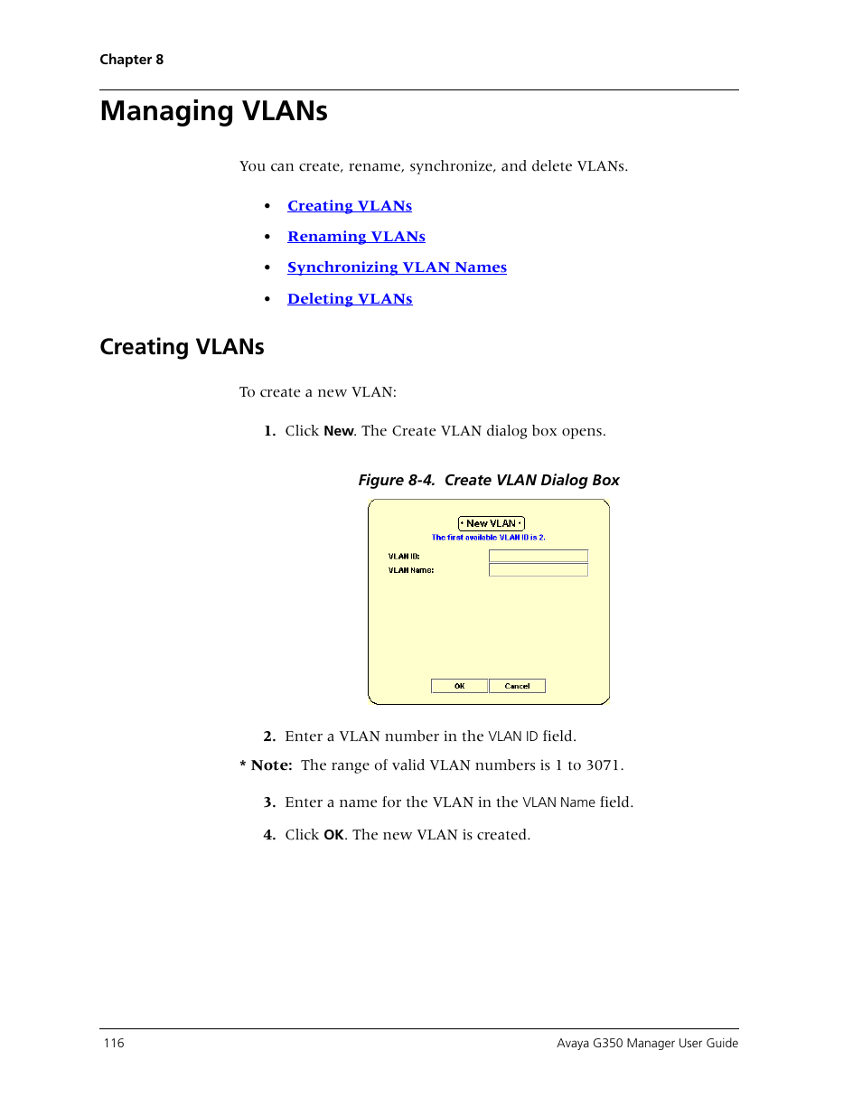 Managing vlans, Creating vlans, Instructions on h | Avaya Media Gateway G350 User Manual | Page 126 / 219