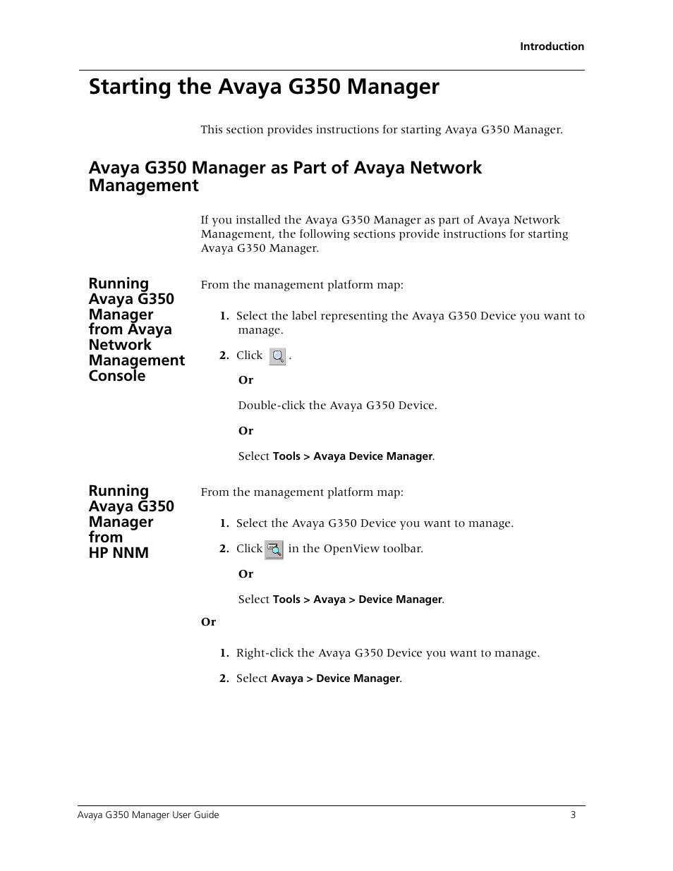 Starting the avaya g350 manager, Running avaya g350 manager from hp nnm | Avaya Media Gateway G350 User Manual | Page 13 / 219