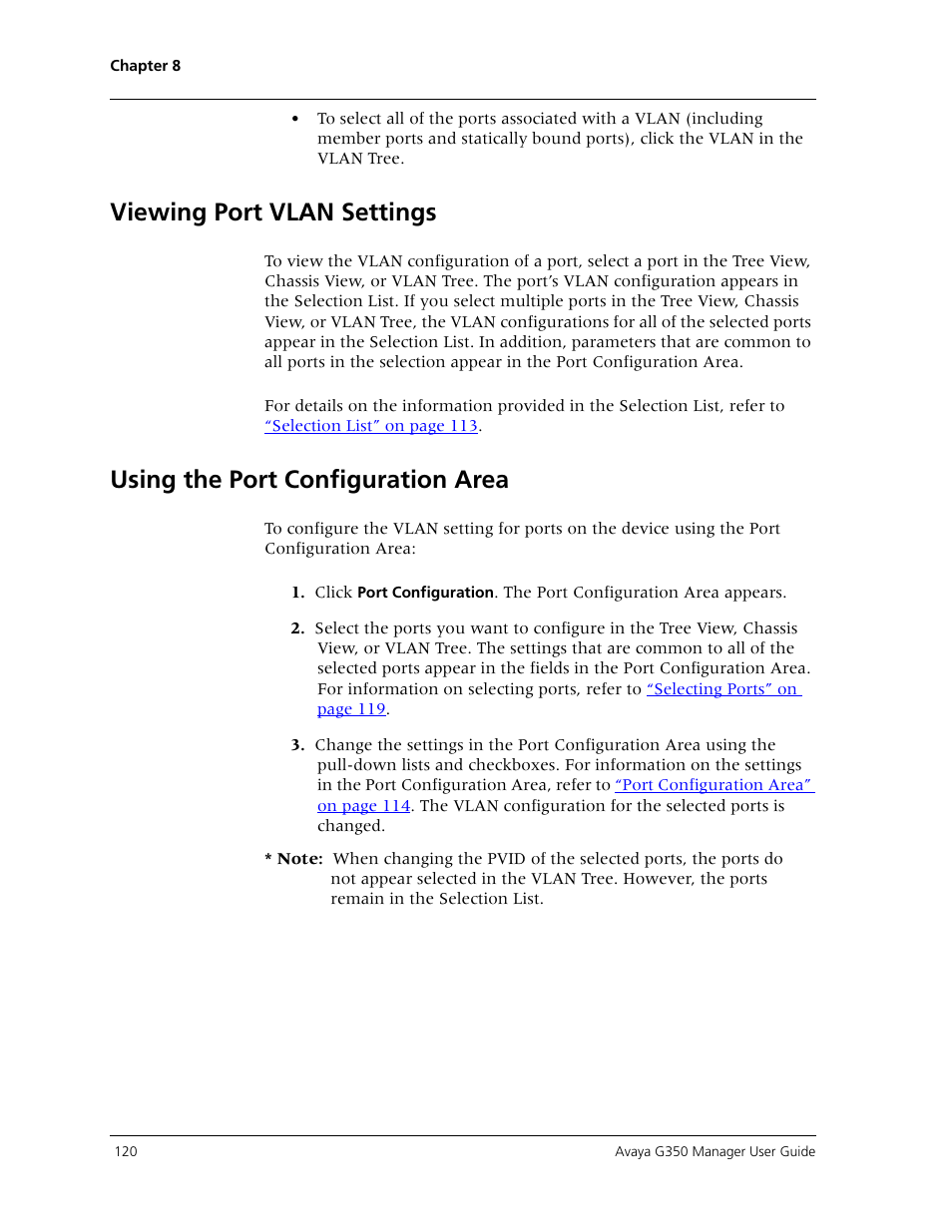 Viewing port vlan settings, Using the port configuration area | Avaya Media Gateway G350 User Manual | Page 130 / 219