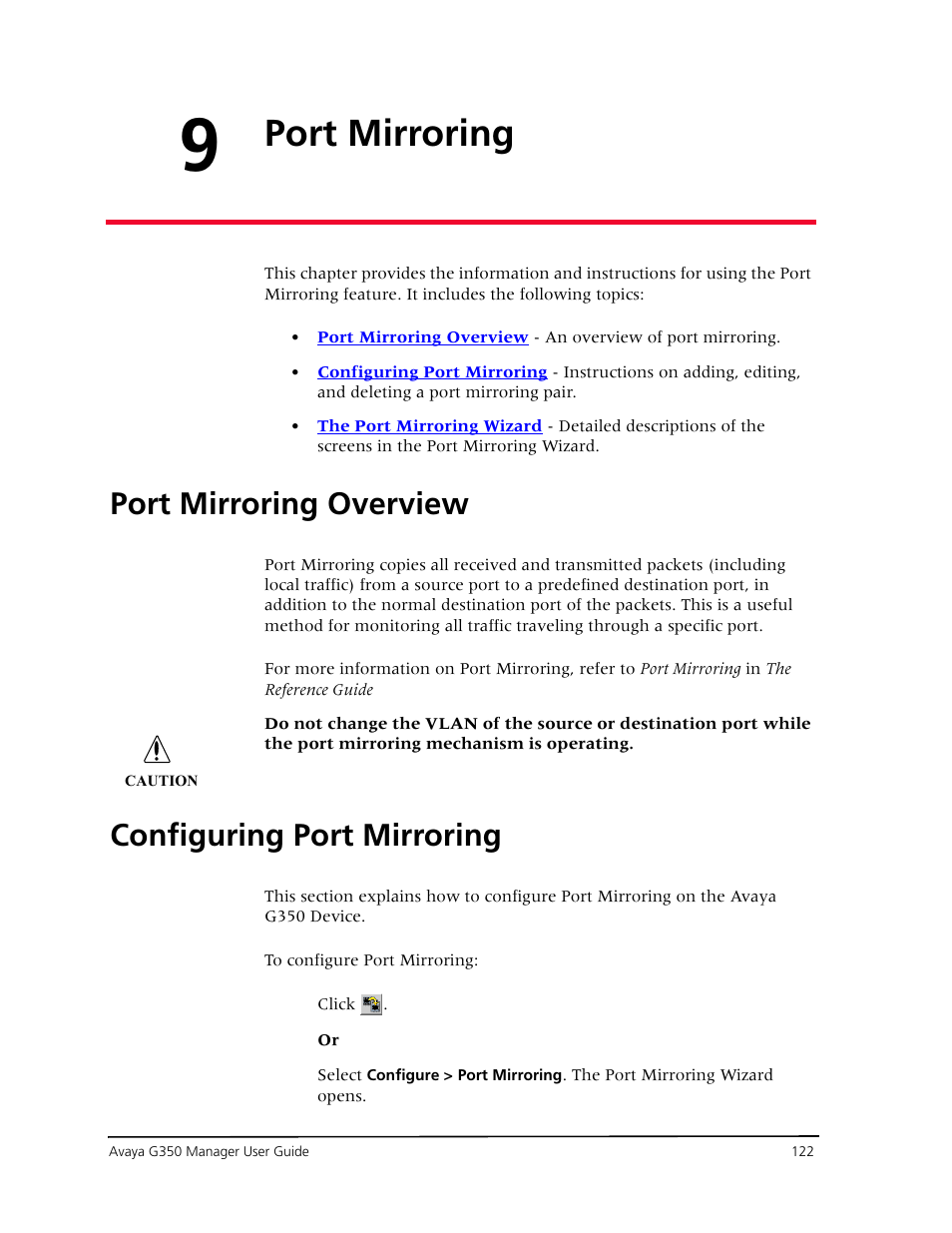 Port mirroring, Port mirroring overview, Configuring port mirroring | Chapter 9 — port mirroring, Port mirroring overview configuring port mirroring | Avaya Media Gateway G350 User Manual | Page 132 / 219