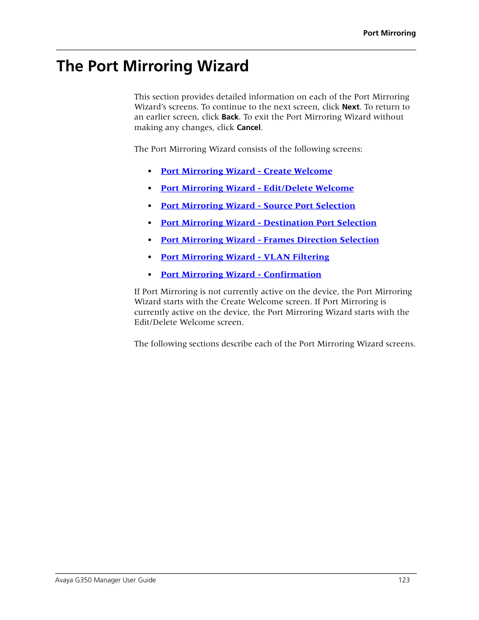 The port mirroring wizard, Detailed descriptions of t | Avaya Media Gateway G350 User Manual | Page 133 / 219