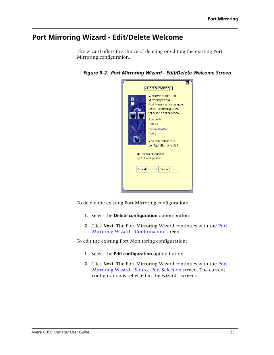 Port mirroring wizard - edit/delete welcome | Avaya Media Gateway G350 User Manual | Page 135 / 219