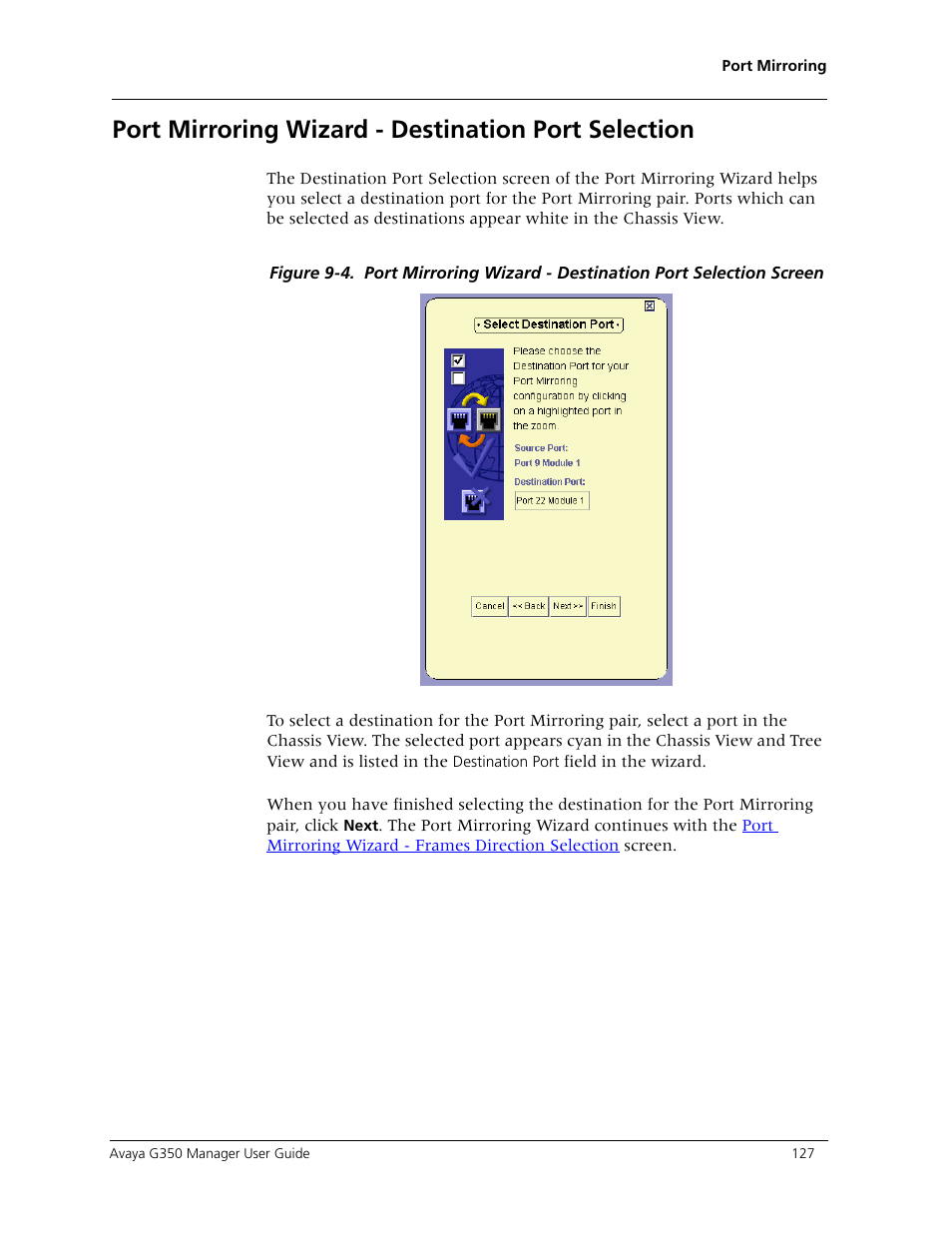 Port mirroring wizard - destination port selection | Avaya Media Gateway G350 User Manual | Page 137 / 219