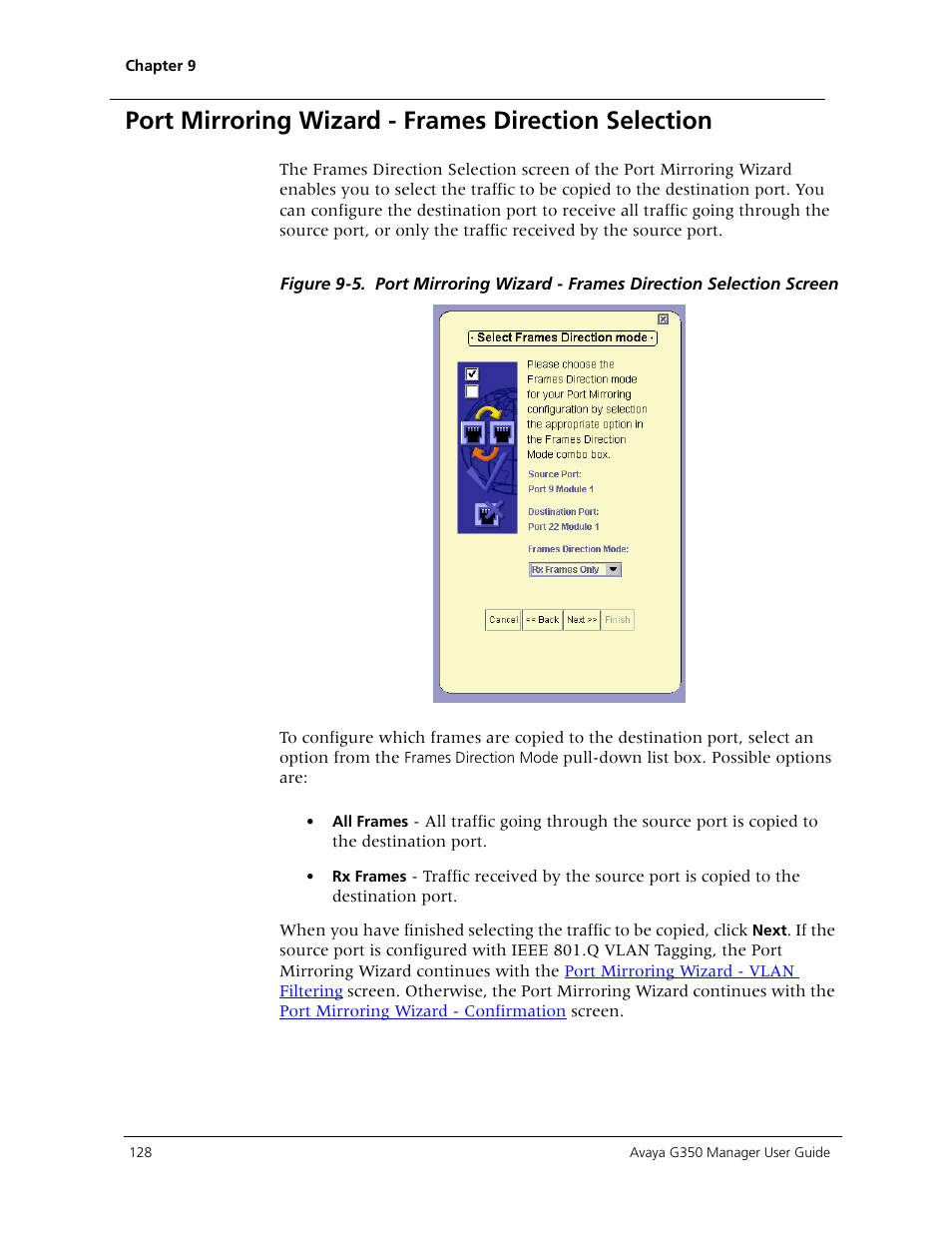 Port mirroring wizard - frames direction selection | Avaya Media Gateway G350 User Manual | Page 138 / 219