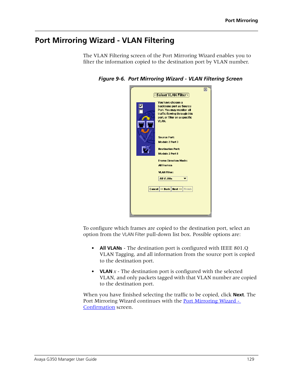 Port mirroring wizard - vlan filtering, Port mirroring wizard - vlan, Filtering | Screen. otherwise, the port | Avaya Media Gateway G350 User Manual | Page 139 / 219