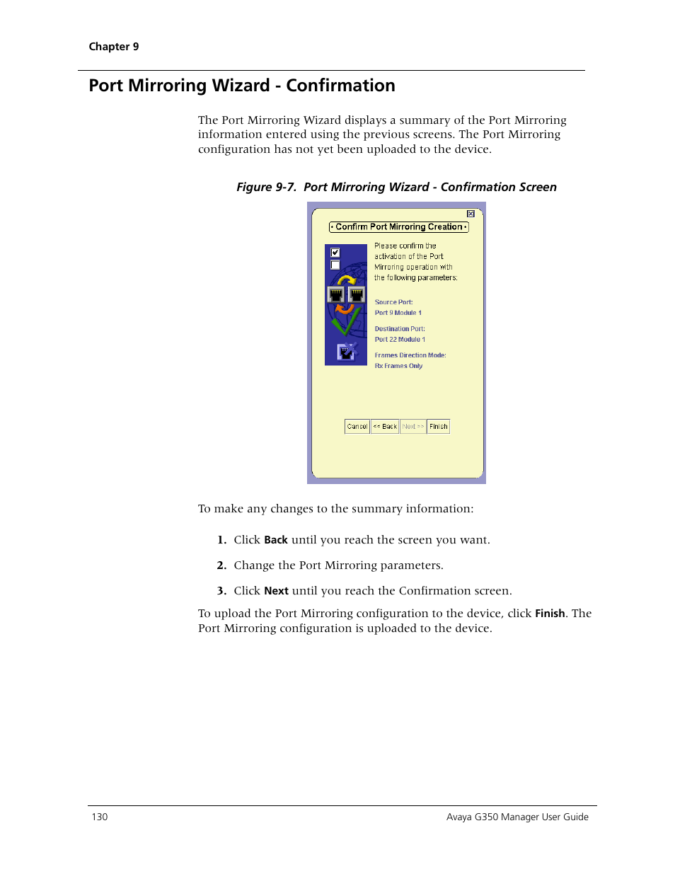 Port mirroring wizard - confirmation, Zard continues with the, Port | Mirroring wizard - confirmation | Avaya Media Gateway G350 User Manual | Page 140 / 219