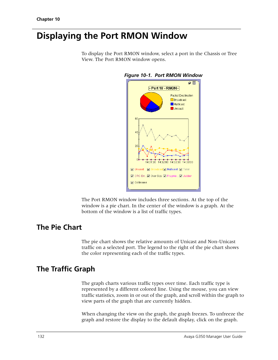 Displaying the port rmon window, The pie chart, The traffic graph | The pie chart the traffic graph | Avaya Media Gateway G350 User Manual | Page 142 / 219