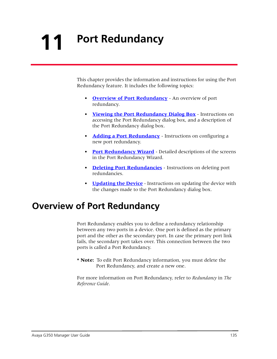 Port redundancy, Overview of port redundancy, Chapter 11 — port redundancy | Avaya Media Gateway G350 User Manual | Page 145 / 219