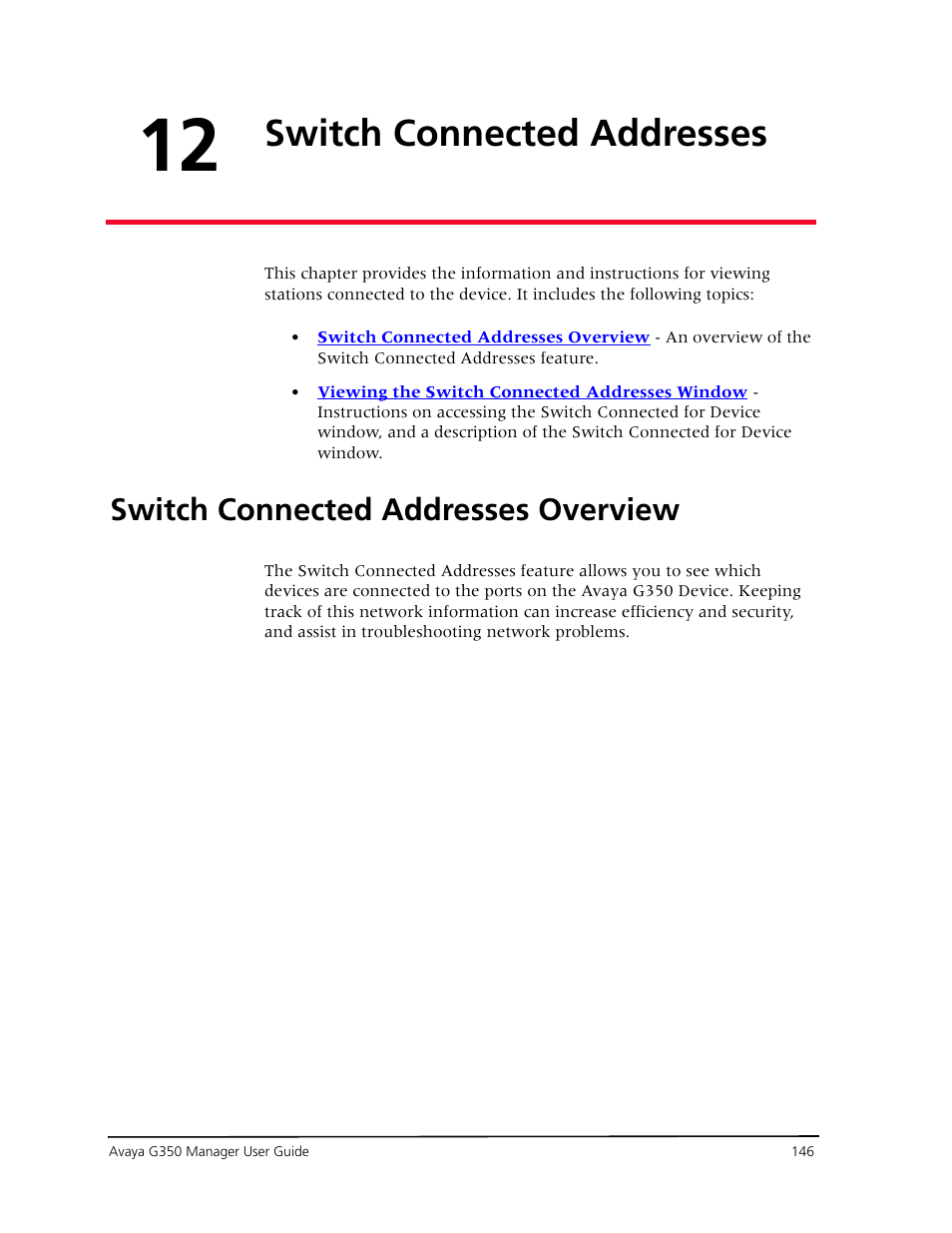 Switch connected addresses, Switch connected addresses overview, Chapter 12 — switch connected addresses | Avaya Media Gateway G350 User Manual | Page 156 / 219