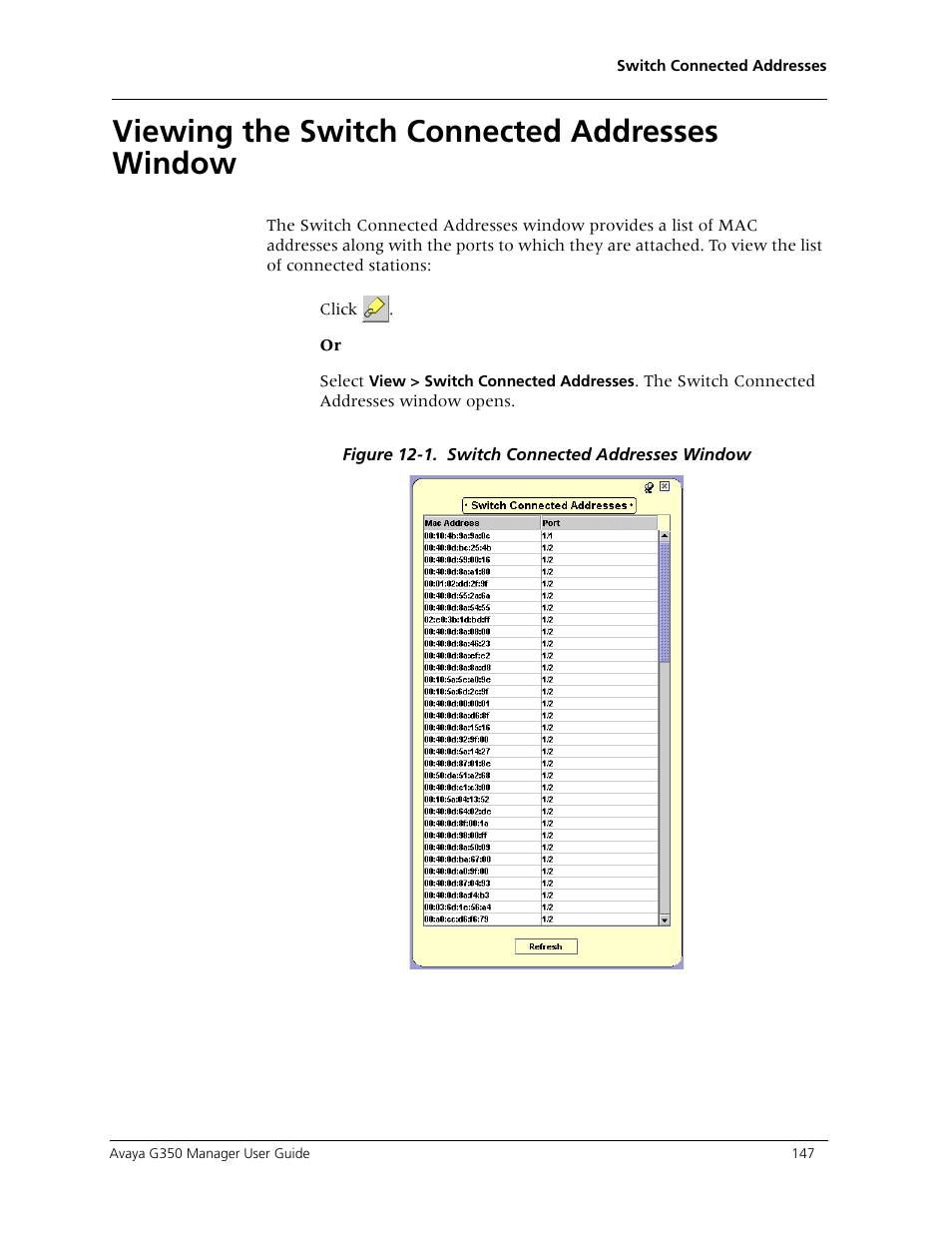 Viewing the switch connected addresses window | Avaya Media Gateway G350 User Manual | Page 157 / 219