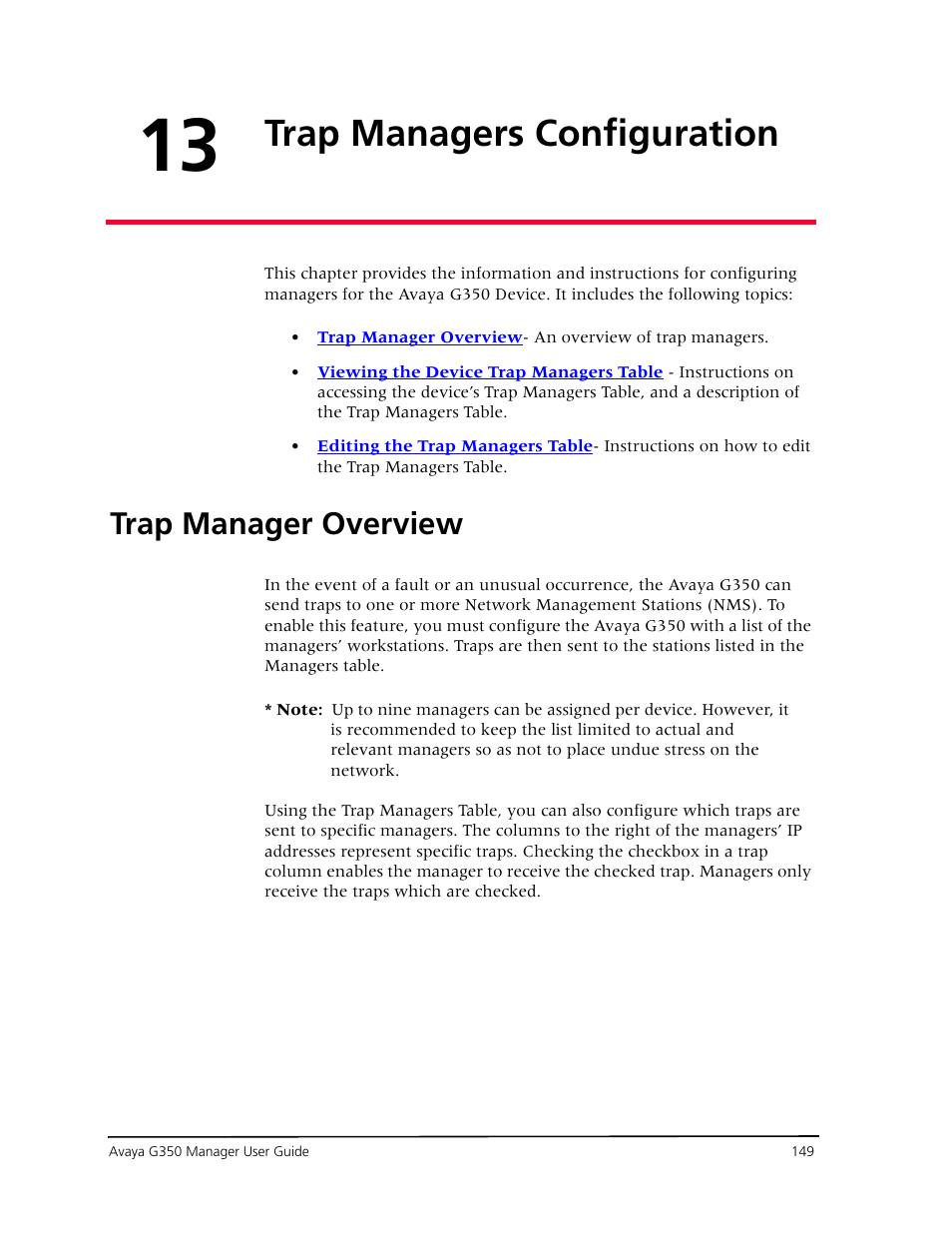 Trap managers configuration, Trap manager overview, Chapter 13 — trap managers configuration | Avaya Media Gateway G350 User Manual | Page 159 / 219