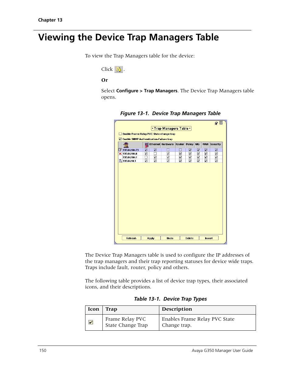 Viewing the device trap managers table | Avaya Media Gateway G350 User Manual | Page 160 / 219