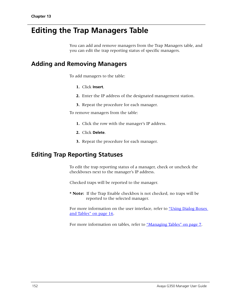 Editing the trap managers table, Adding and removing managers, Editing trap reporting statuses | Avaya Media Gateway G350 User Manual | Page 162 / 219