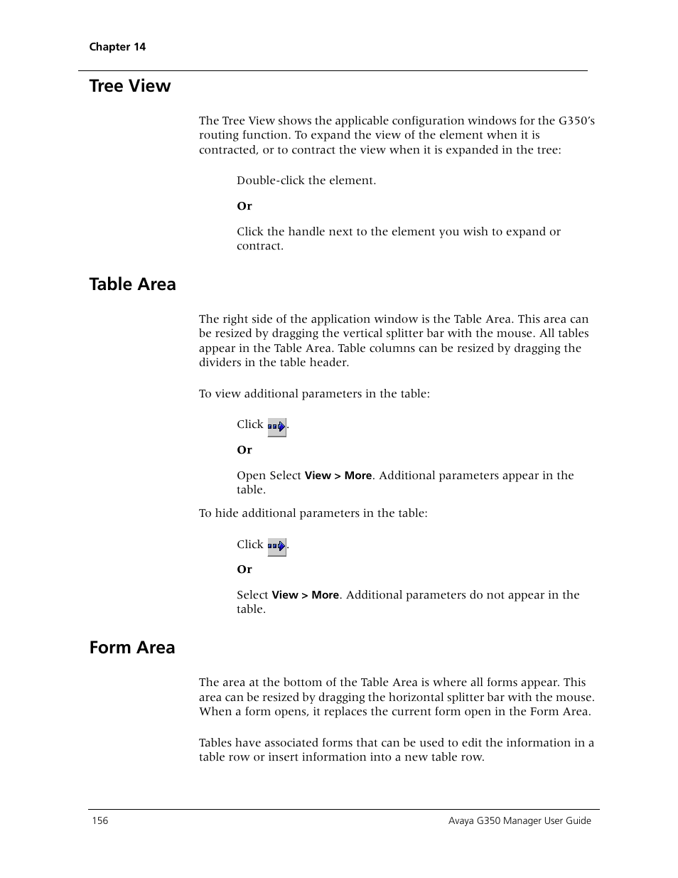 Tree view, Table area, Form area | Tree view table area form area | Avaya Media Gateway G350 User Manual | Page 166 / 219