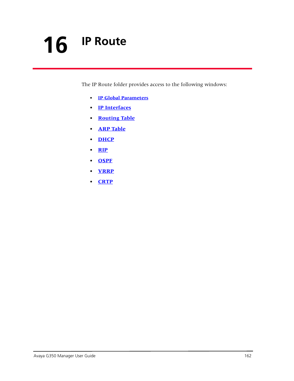 Ip route, Chapter 16 — ip route | Avaya Media Gateway G350 User Manual | Page 172 / 219