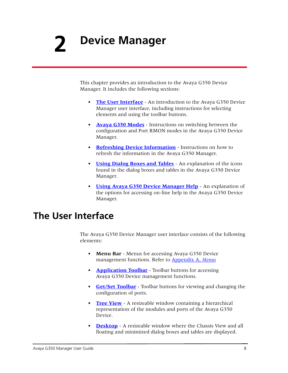 Device manager, The user interface, Chapter 2 — device manager | Avaya Media Gateway G350 User Manual | Page 18 / 219