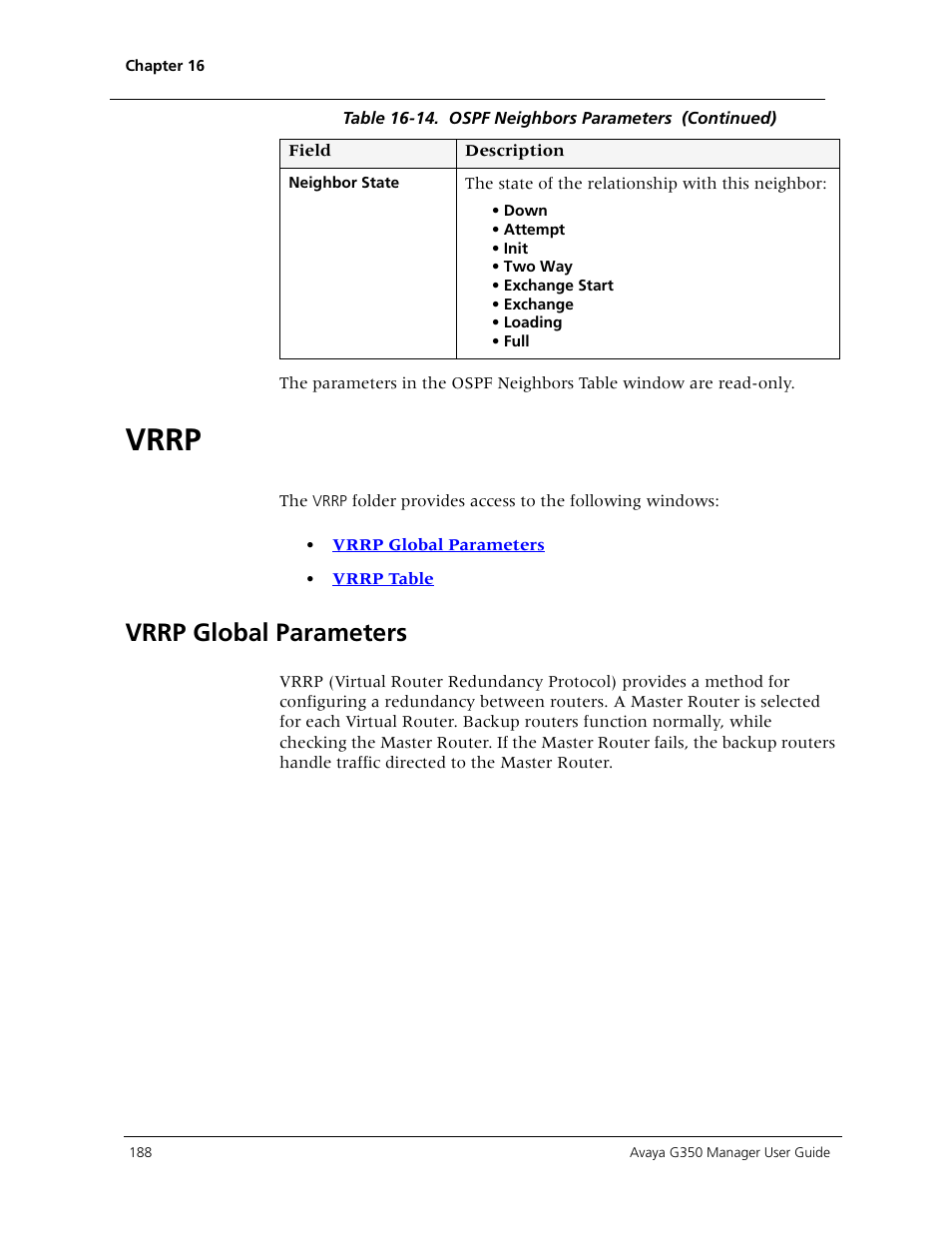 Vrrp, Vrrp global parameters | Avaya Media Gateway G350 User Manual | Page 198 / 219