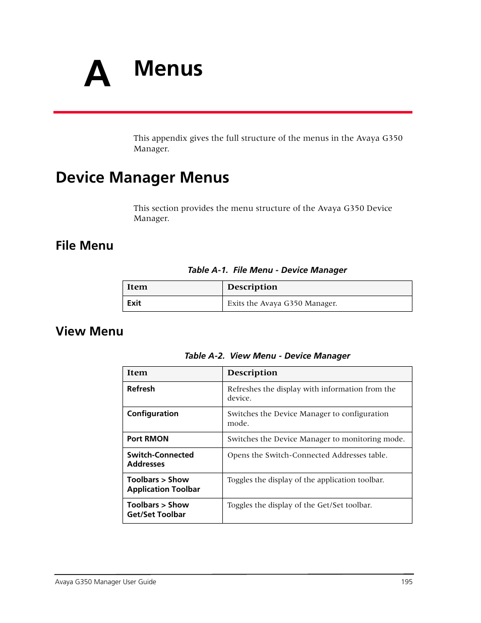 Menus, Device manager menus, File menu | View menu, Appendix a — menus, File menu view menu, Appendix a, menus | Avaya Media Gateway G350 User Manual | Page 205 / 219