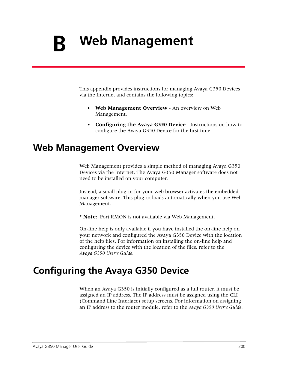 Web management, Web management overview, Configuring the avaya g350 device | Appendix b — web management | Avaya Media Gateway G350 User Manual | Page 210 / 219