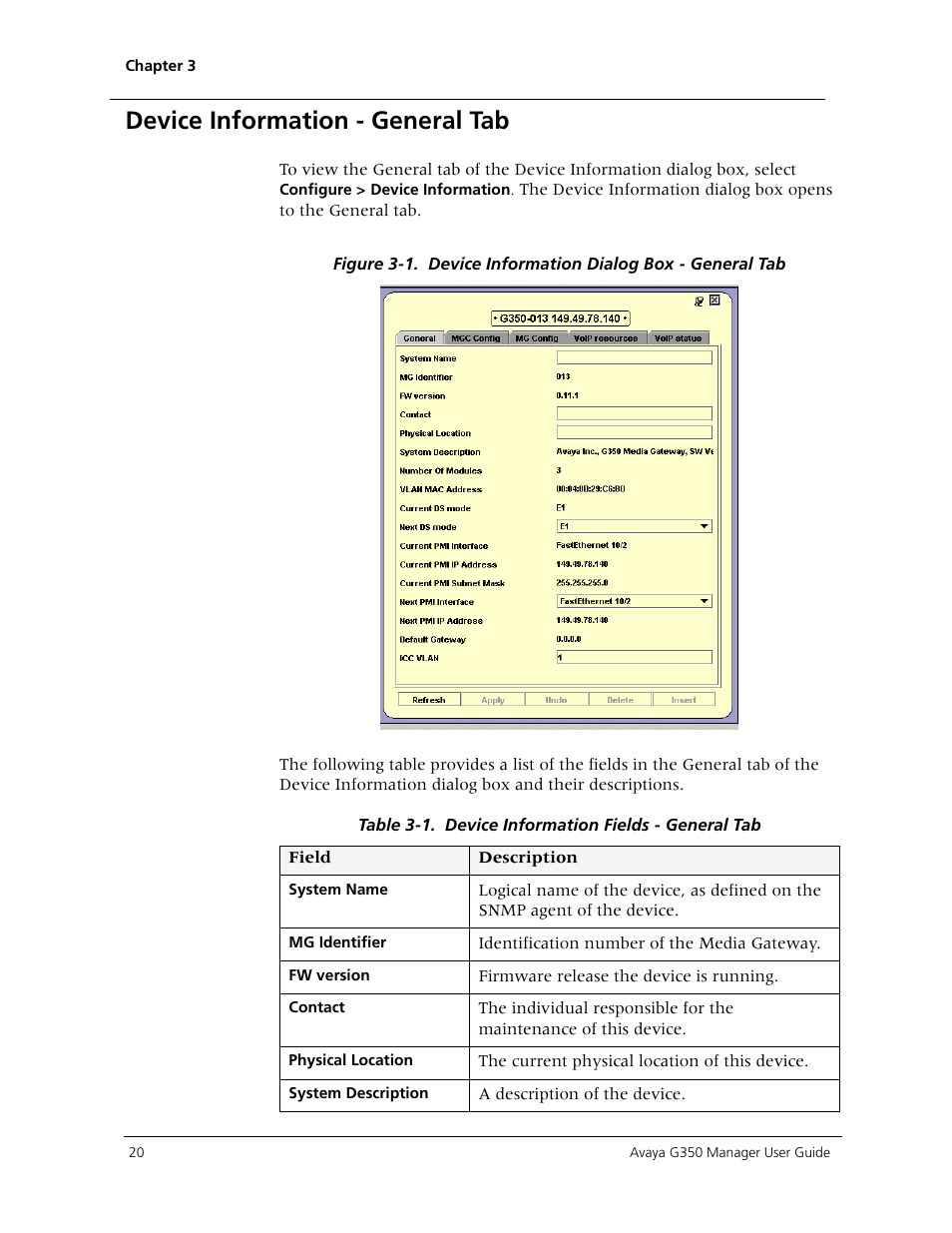 Device information - general tab | Avaya Media Gateway G350 User Manual | Page 30 / 219