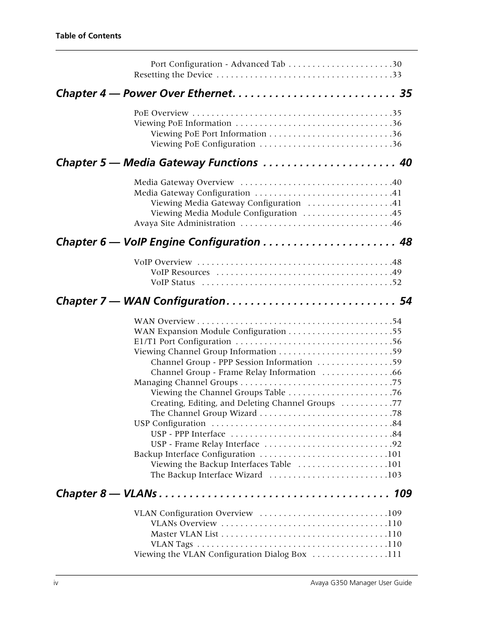 Chapter 4 — power over ethernet, Chapter 5 — media gateway functions, Chapter 6 — voip engine configuration | Chapter 7 — wan configuration, Chapter 8 — vlans | Avaya Media Gateway G350 User Manual | Page 4 / 219