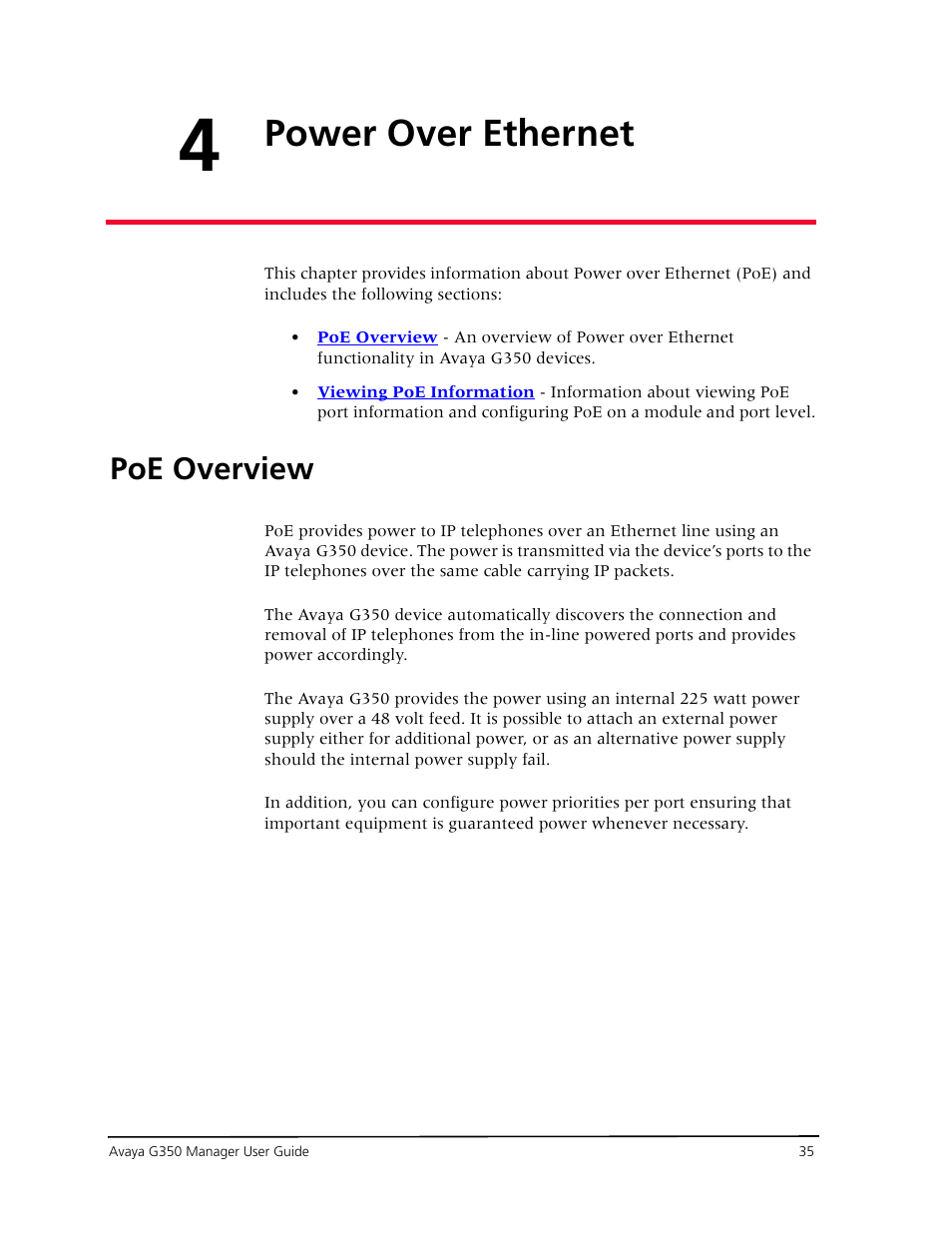 Power over ethernet, Poe overview, Chapter 4 — power over ethernet | Chapter 4, power over ethernet, Refer to | Avaya Media Gateway G350 User Manual | Page 45 / 219