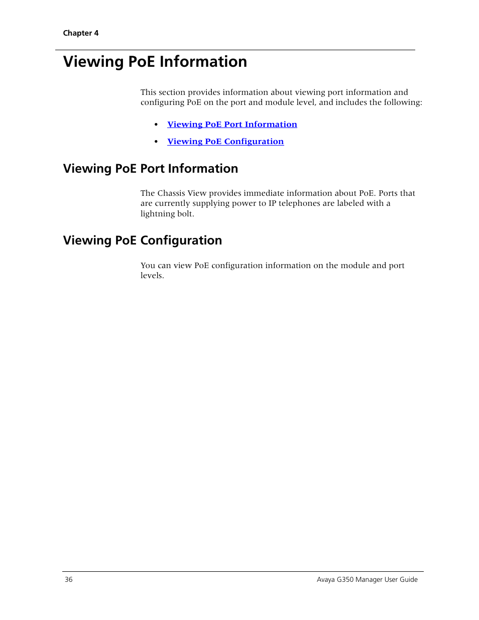 Viewing poe information, Viewing poe port information, Viewing poe configuration | Avaya Media Gateway G350 User Manual | Page 46 / 219