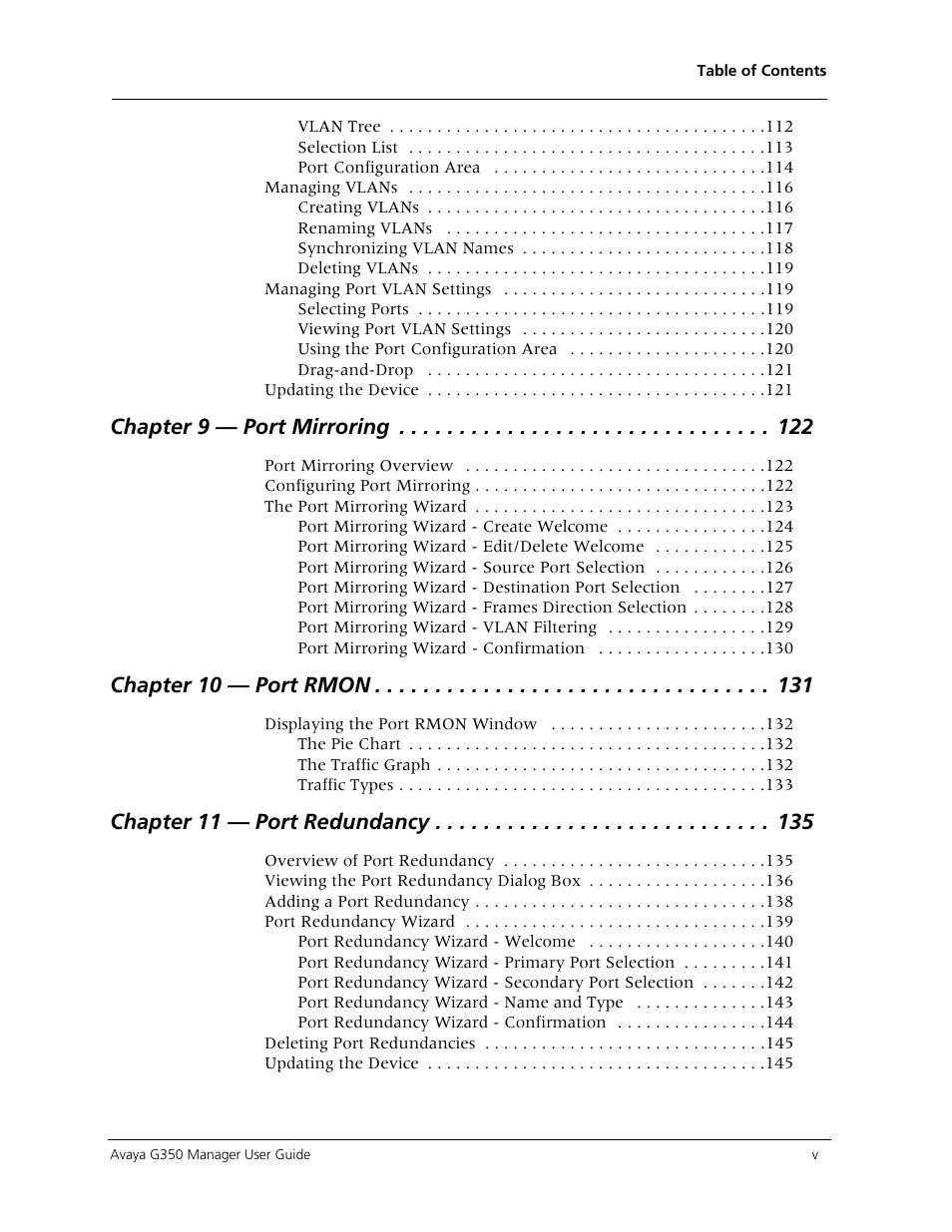 Chapter 9 — port mirroring, Chapter 10 — port rmon, Chapter 11 — port redundancy | Avaya Media Gateway G350 User Manual | Page 5 / 219
