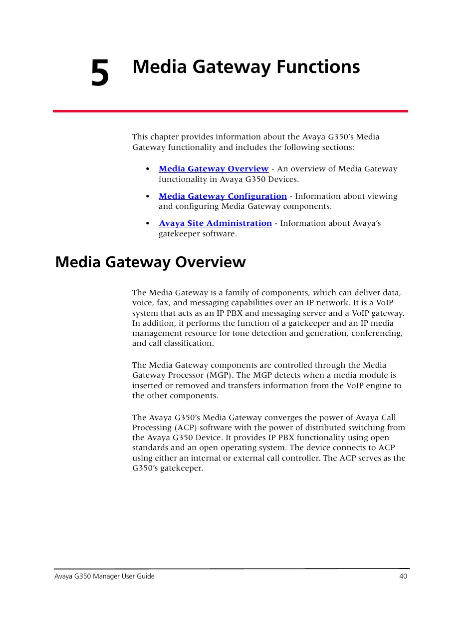 Media gateway functions, Media gateway overview, Chapter 5 — media gateway functions | Chapter 5, media gateway functions, Chapter 5 | Avaya Media Gateway G350 User Manual | Page 50 / 219