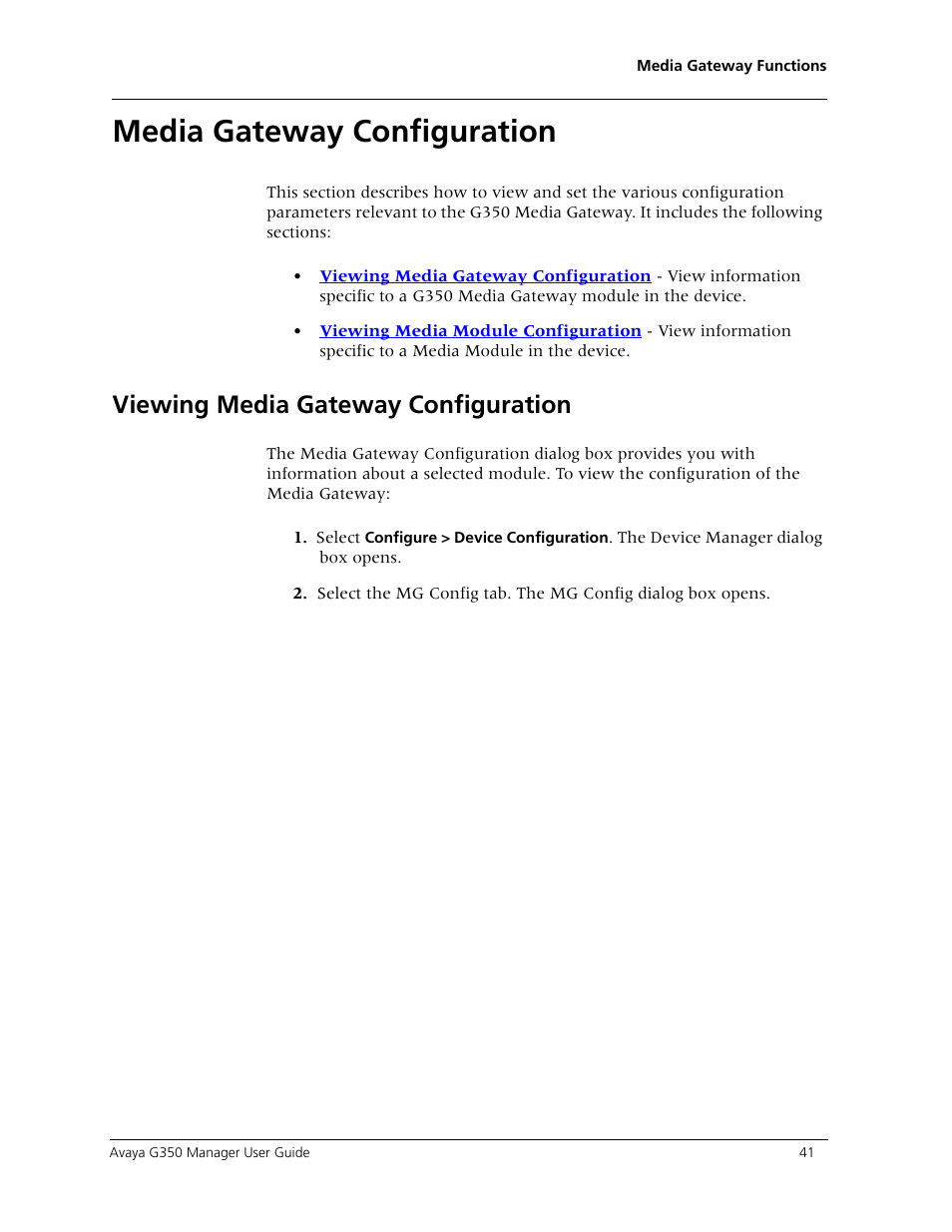 Media gateway configuration, Viewing media gateway configuration | Avaya Media Gateway G350 User Manual | Page 51 / 219