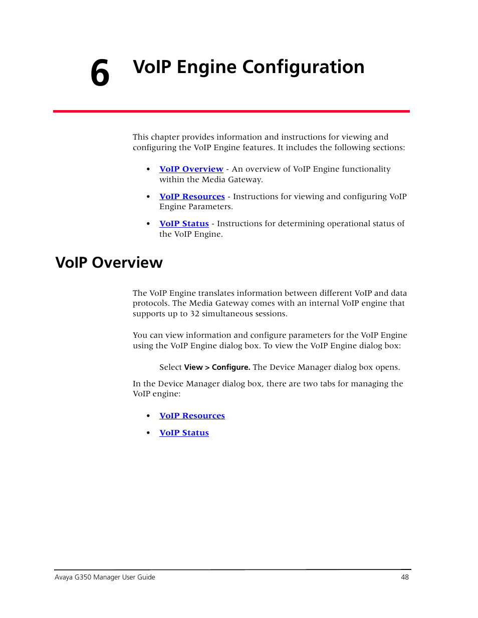 Voip engine configuration, Voip overview, Chapter 6 — voip engine configuration | Resources, refer to, Chapter 6, voip engine configuration, Chapter 6, voip, Engine configuration | Avaya Media Gateway G350 User Manual | Page 58 / 219