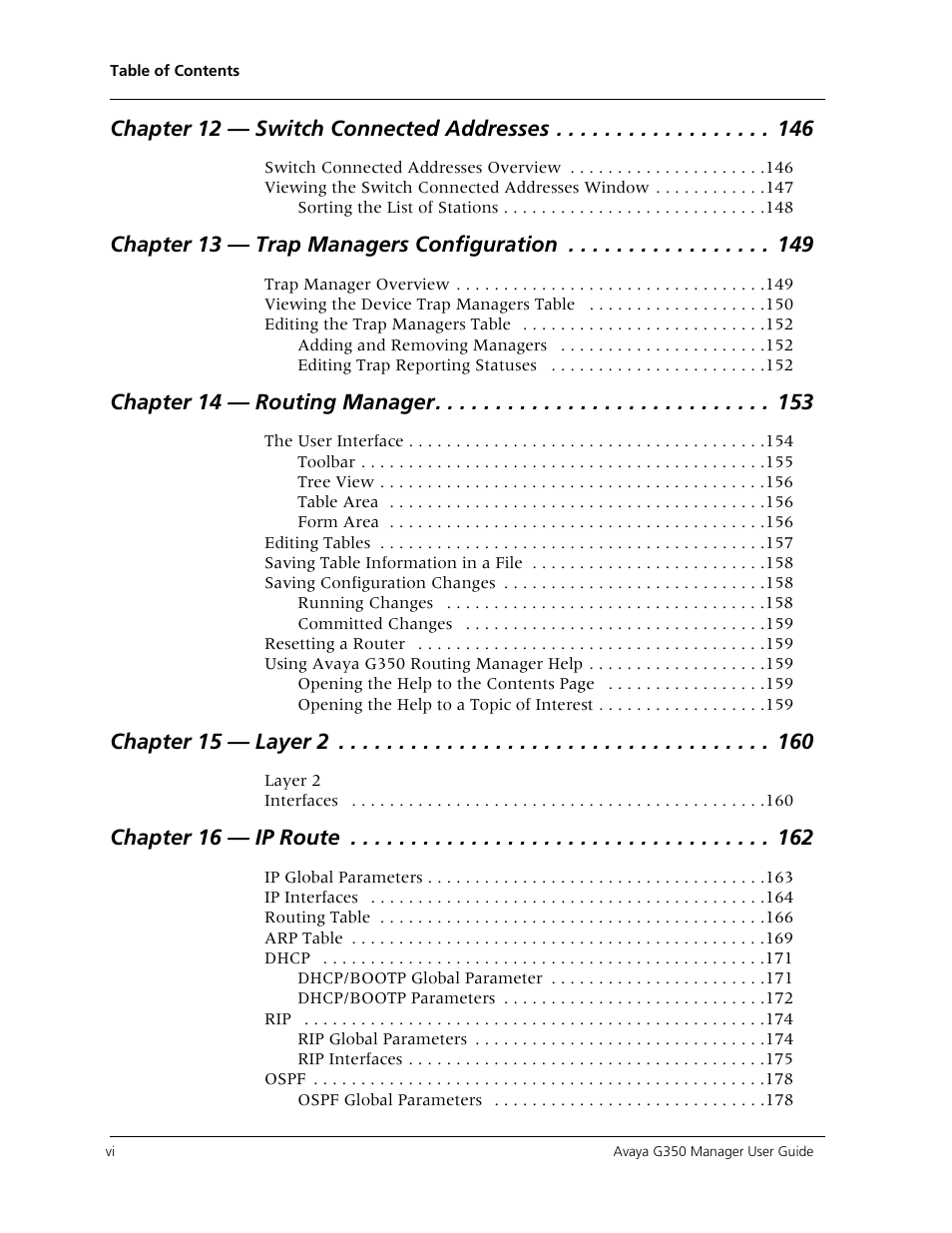 Chapter 12 — switch connected addresses, Chapter 13 — trap managers configuration, Chapter 14 — routing manager | Chapter 15 — layer 2, Chapter 16 — ip route | Avaya Media Gateway G350 User Manual | Page 6 / 219