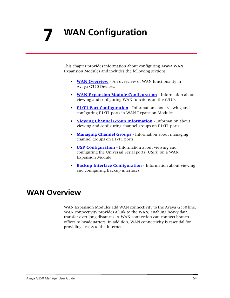 Wan configuration, Wan overview, Chapter 7 — wan configuration | Avaya Media Gateway G350 User Manual | Page 64 / 219