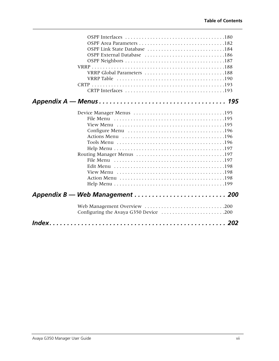 Appendix a — menus, Appendix b — web management, Index | Avaya Media Gateway G350 User Manual | Page 7 / 219