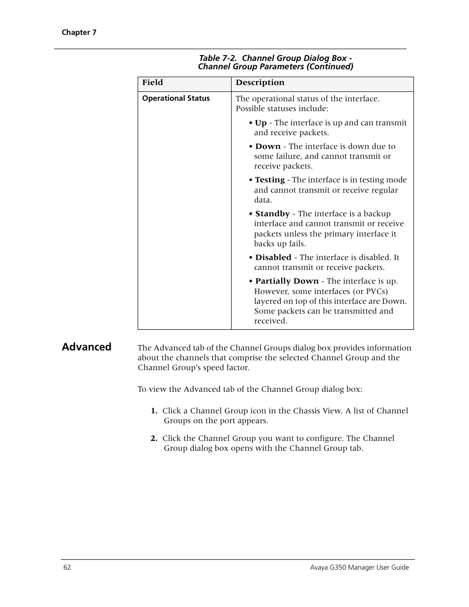 Advanced, Information about the channels that comprise | Avaya Media Gateway G350 User Manual | Page 72 / 219