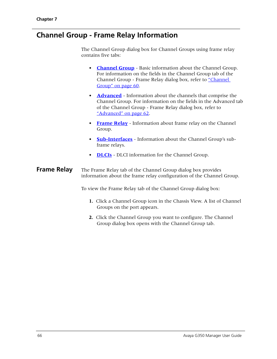 Channel group - frame relay information, Frame relay | Avaya Media Gateway G350 User Manual | Page 76 / 219