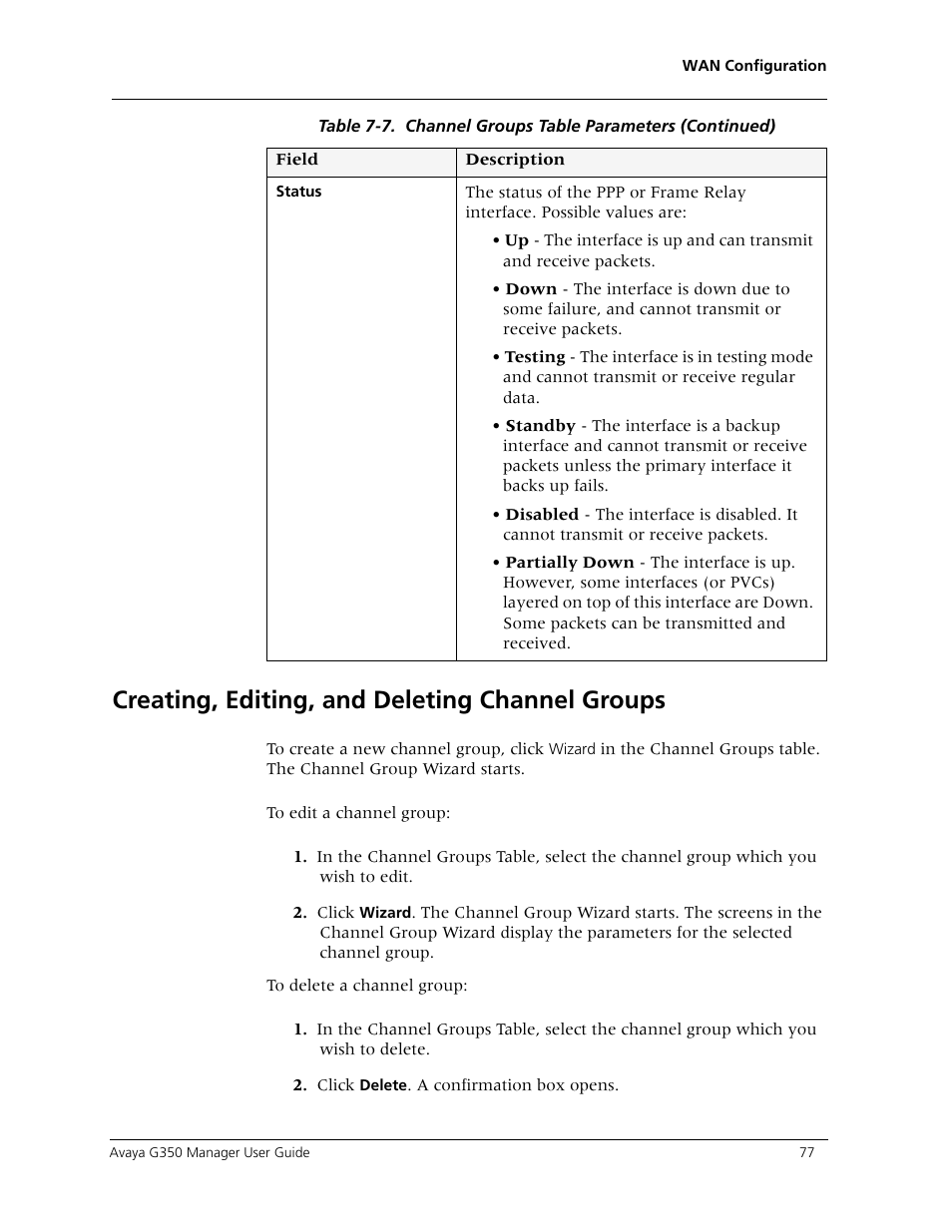 Creating, editing, and deleting channel groups | Avaya Media Gateway G350 User Manual | Page 87 / 219