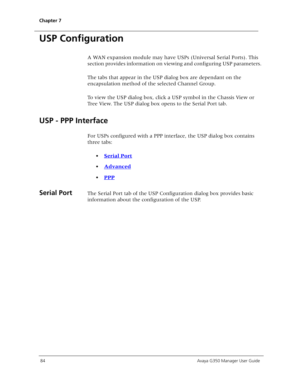 Usp configuration, Usp - ppp interface | Avaya Media Gateway G350 User Manual | Page 94 / 219