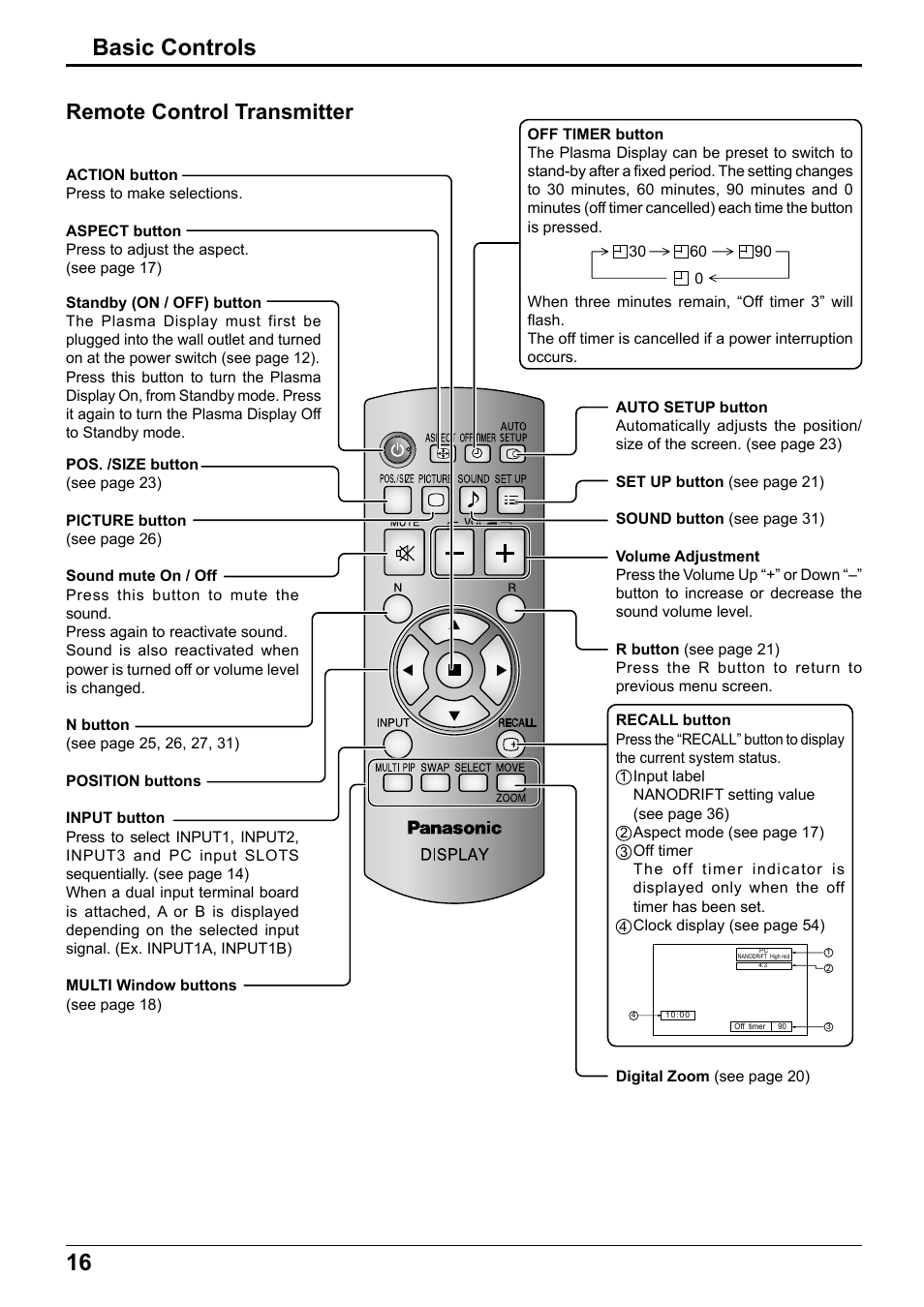 16 basic controls, Remote control transmitter | Panasonic TH65PF12EK User Manual | Page 16 / 64