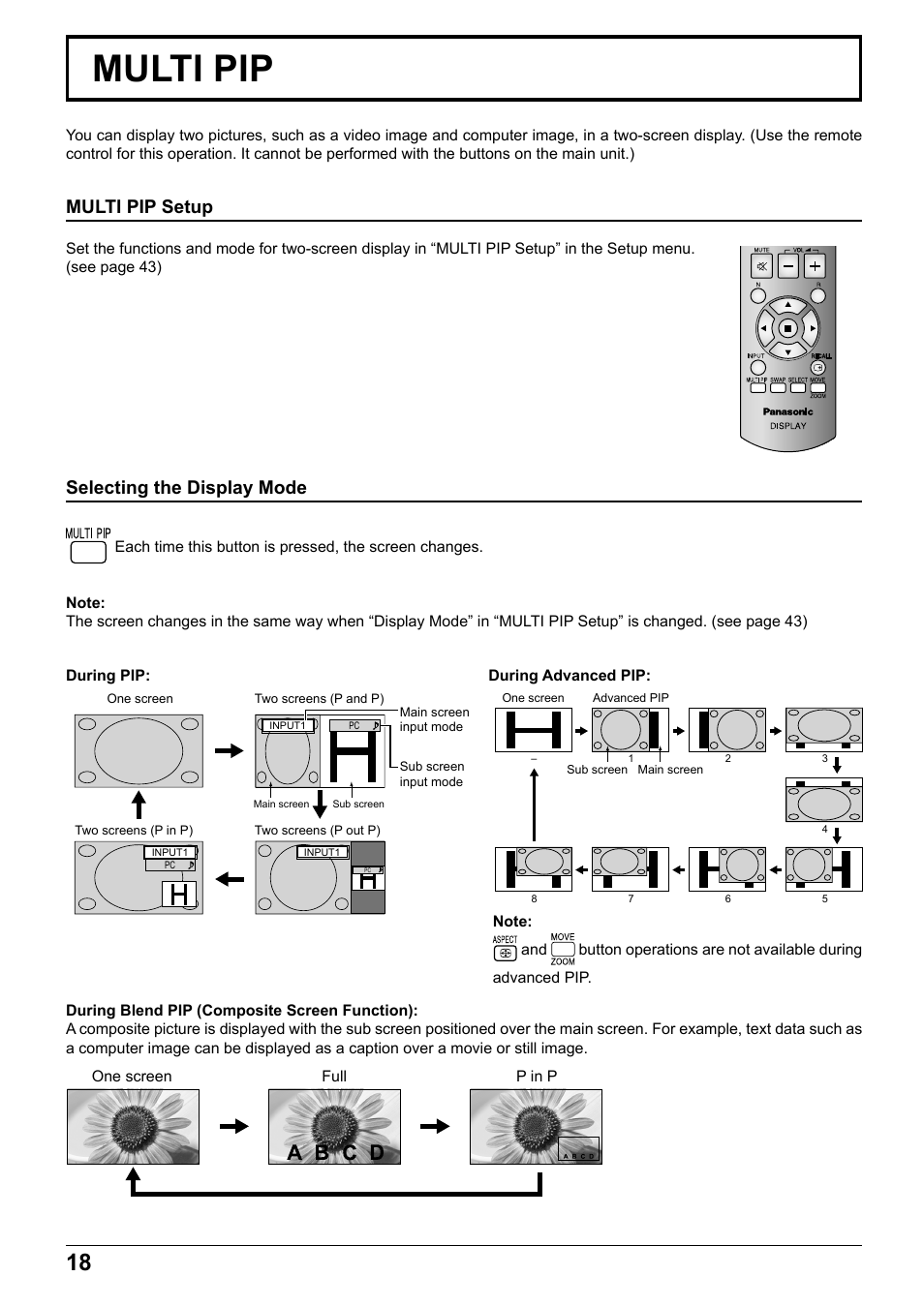 Multi pip, Multi pip setup, Selecting the display mode | Panasonic TH65PF12EK User Manual | Page 18 / 64