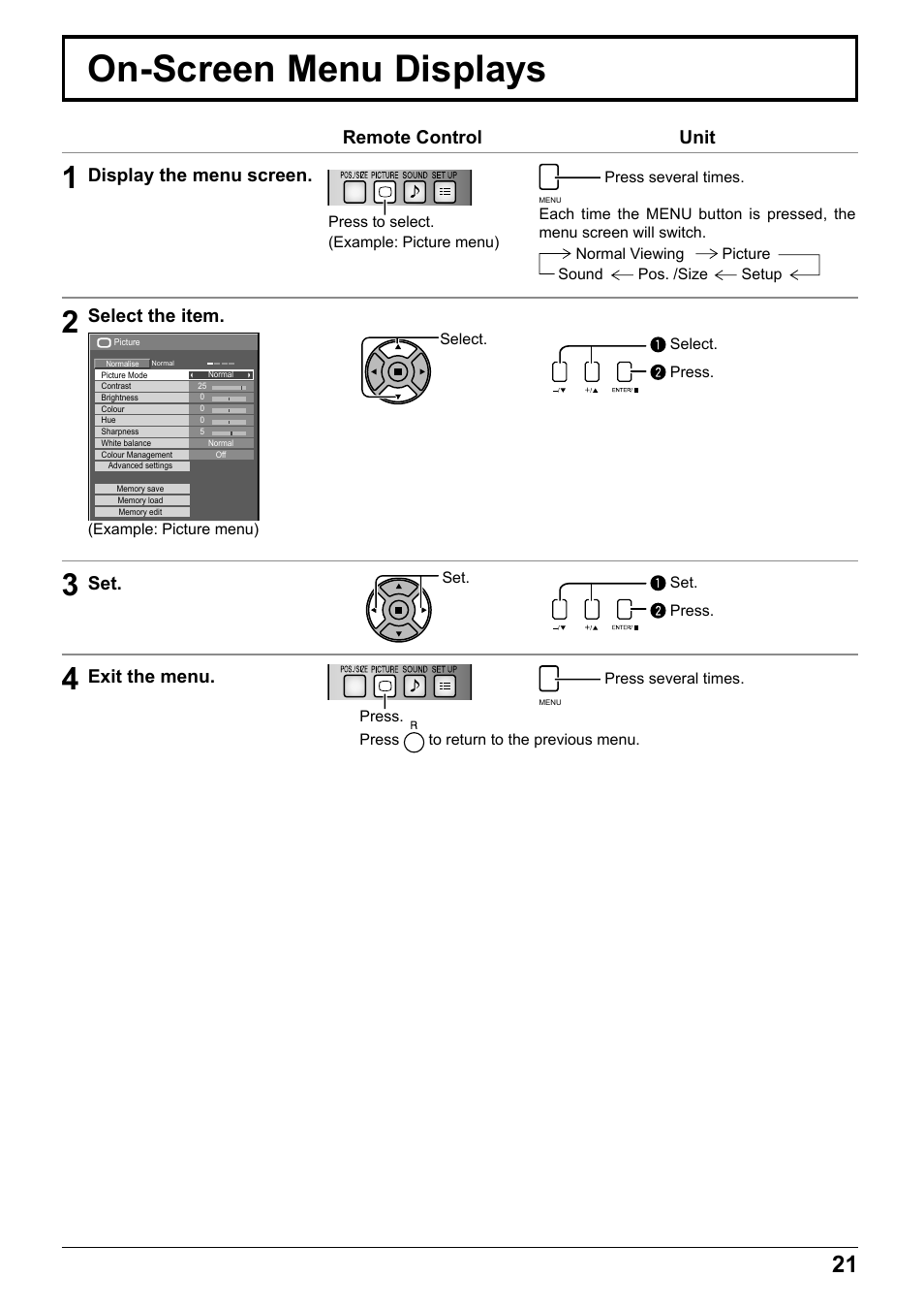 On-screen menu displays, Remote control unit, Display the menu screen | Select the item, Exit the menu | Panasonic TH65PF12EK User Manual | Page 21 / 64