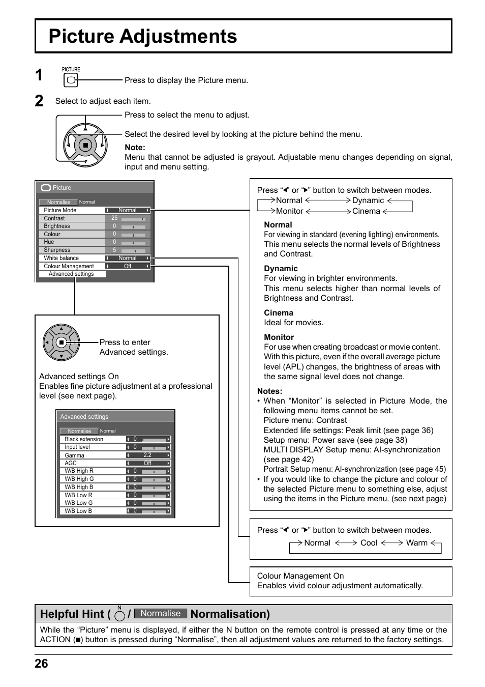 Picture adjustments, Helpful hint, Normalisation) | Panasonic TH65PF12EK User Manual | Page 26 / 64