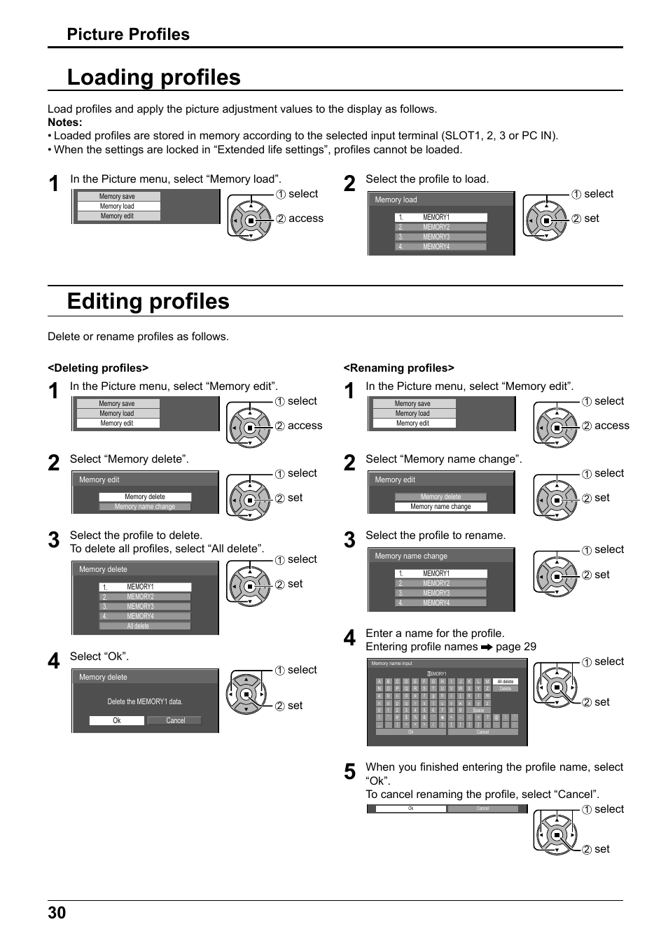 Loading profi les, Editing profi les, Picture profi les | Select, Access, Select the profi le to load, Select “ok, Set <renaming profi les, Select the profi le to rename | Panasonic TH65PF12EK User Manual | Page 30 / 64