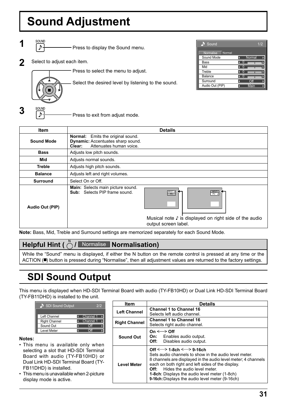 Sound adjustment, Sdi sound output, Helpful hint | Normalisation) | Panasonic TH65PF12EK User Manual | Page 31 / 64