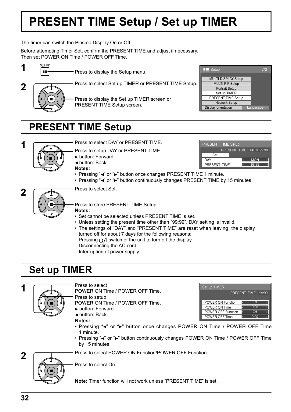 Present time setup / set up timer, 12 present time setup 1 2, 12 set up timer | Panasonic TH65PF12EK User Manual | Page 32 / 64