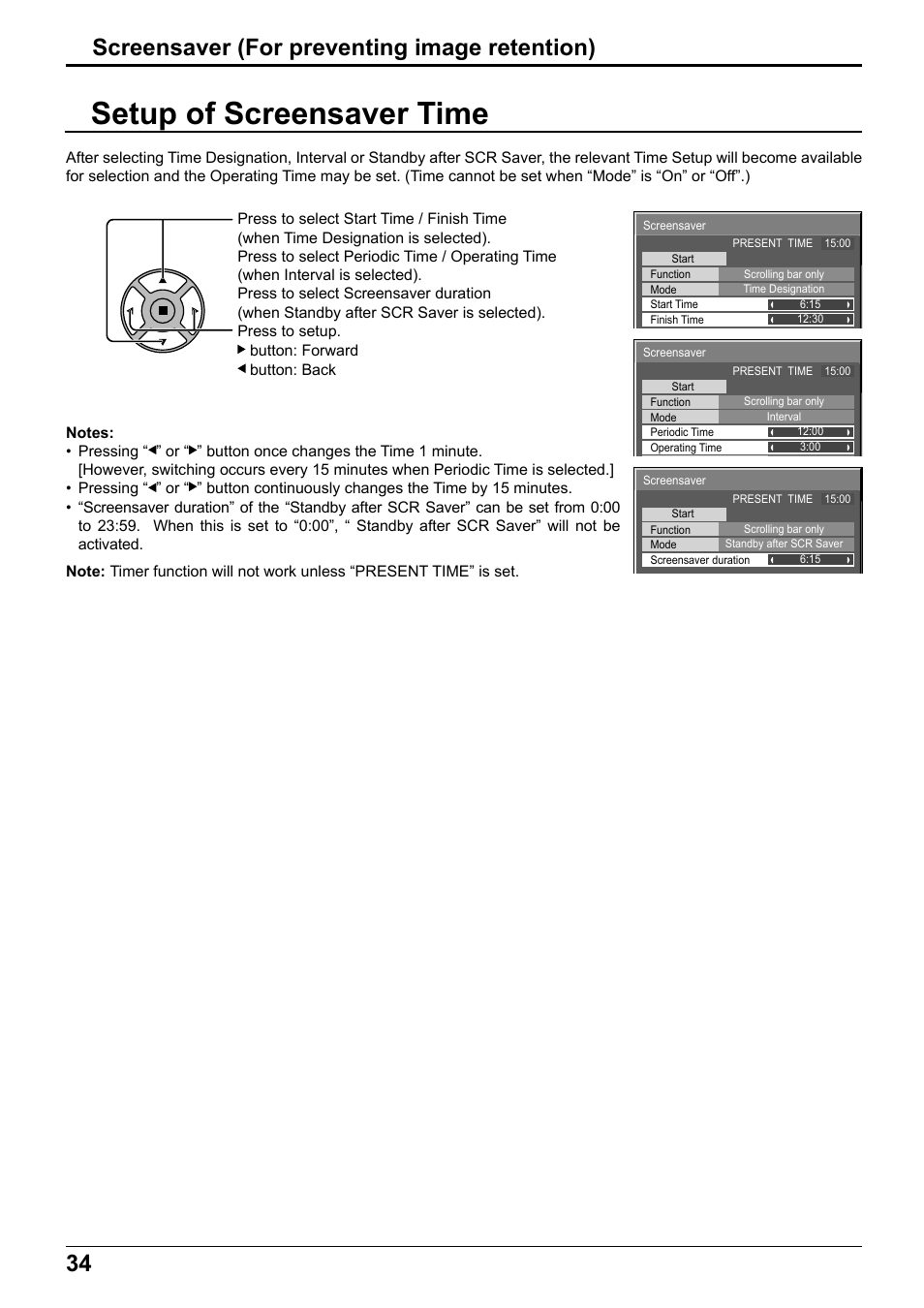 Setup of screensaver time, Screensaver (for preventing image retention) | Panasonic TH65PF12EK User Manual | Page 34 / 64